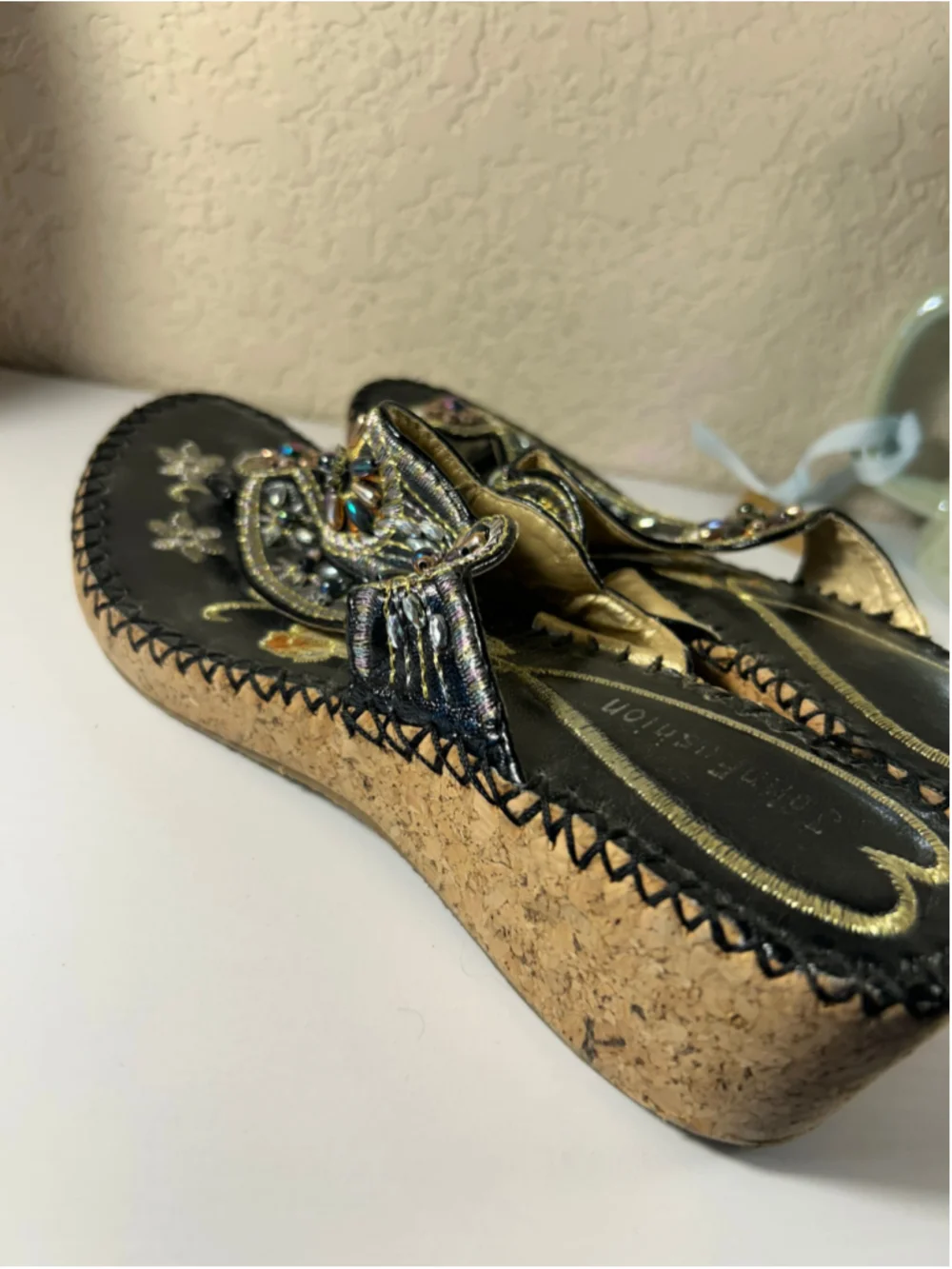 Women's Unbranded Beaded Cork Wedge Sandals Black and Gold